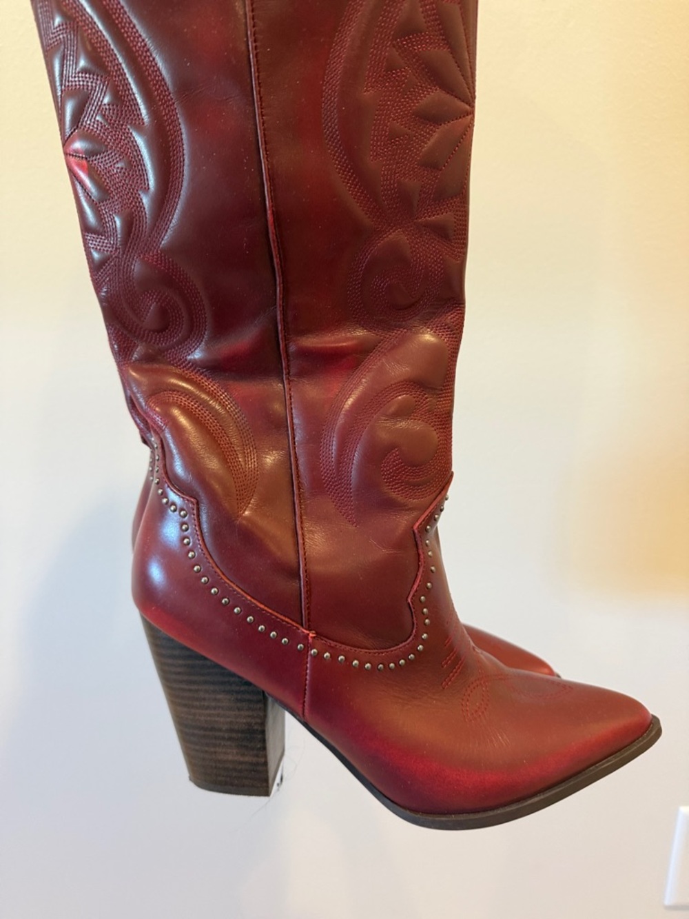 Steve Madden Lasso Red Western-Style Leather Boot with Stud Detail